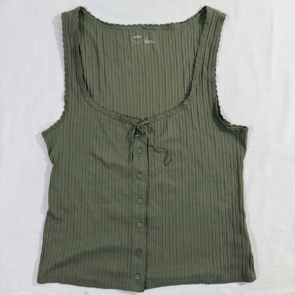 Aerie Tank Top Sz Large Green Cute 97% Cotton